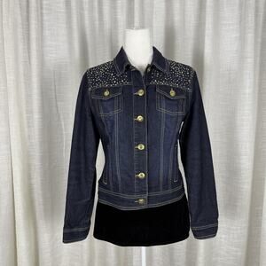 Baccini Denim Jacket Womens PM Blue Studded Rhinestone Button Front Petite